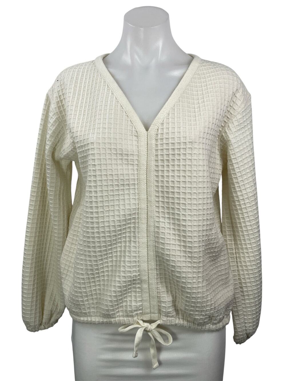 Max Studio Women's Cream Waffle Knit Long Sleeve V Neck Tie Blouse Top Size S